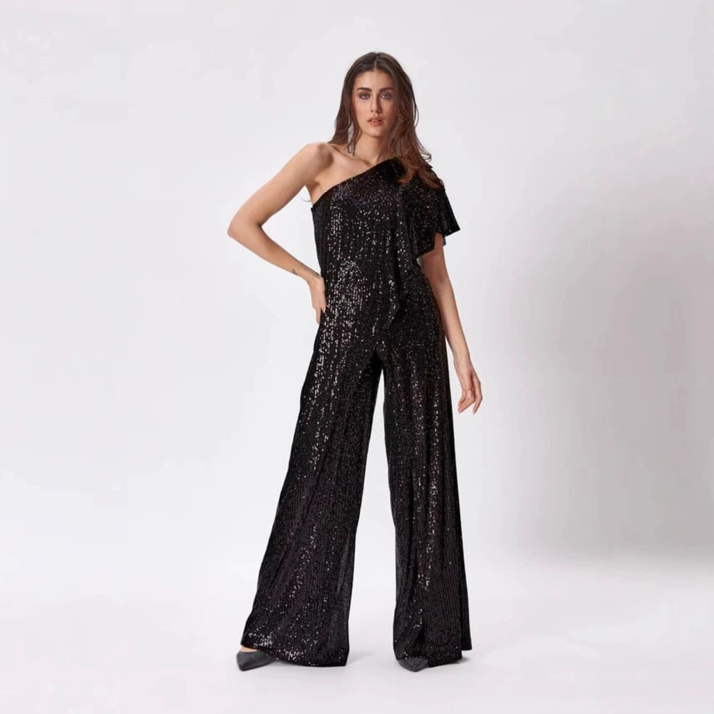 ZARA Sleeveless One Shoulder Sequin Pleated Slim Jumpsuit